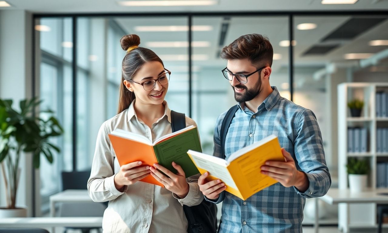 二人の男女がIT資格のテキストを見比べながら検討している様子