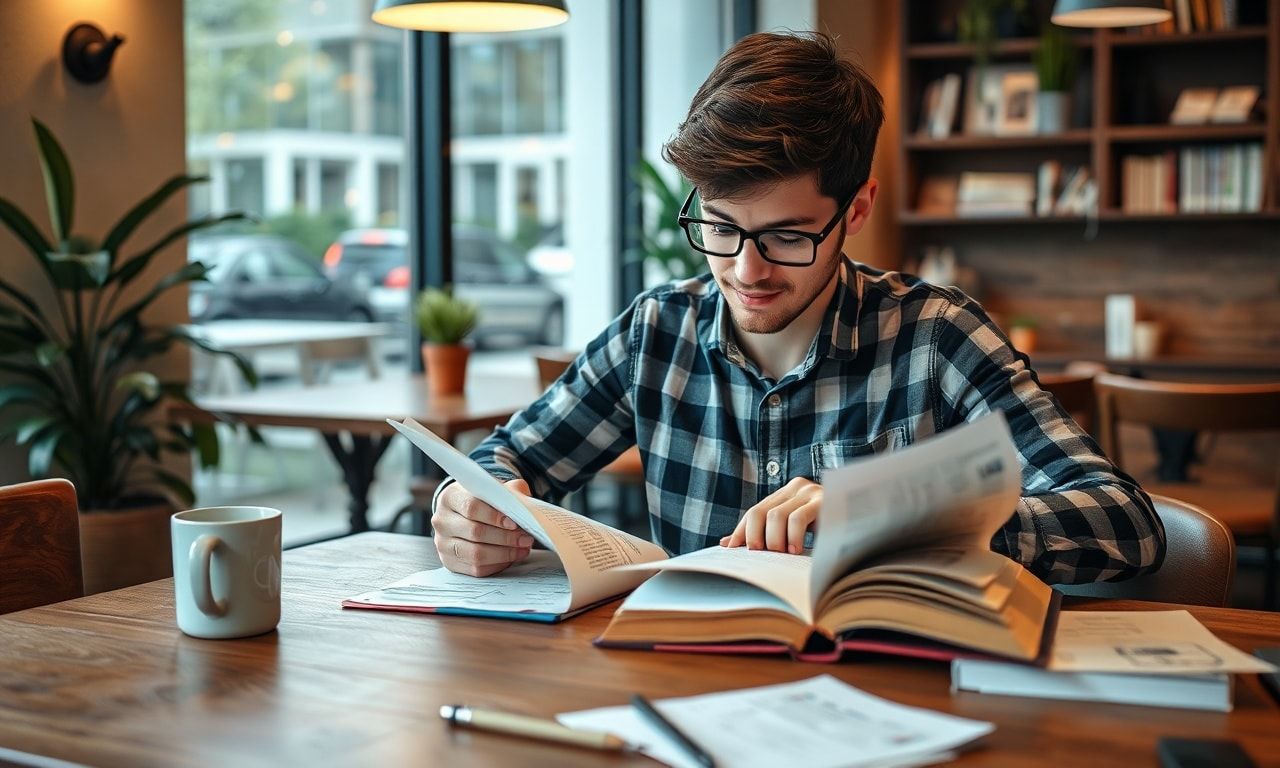 カフェで集中して勉強する様子