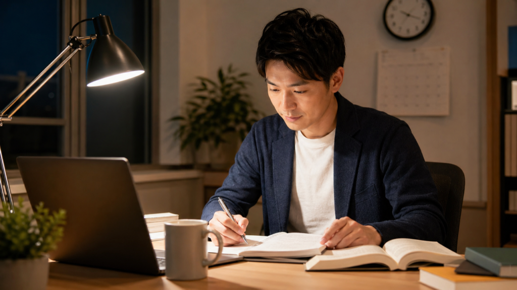 仕事後に基本情報技術者試験の勉強を進める社会人