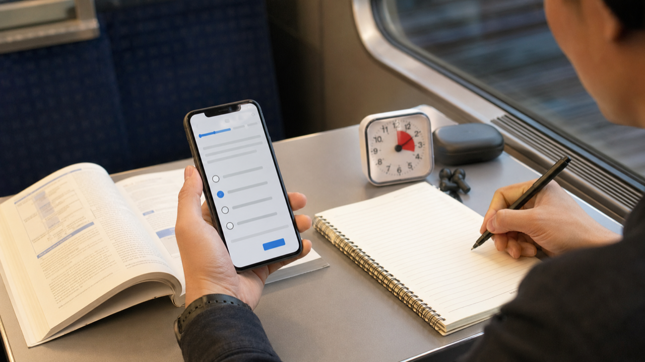 通勤時間にスマホと参考書で基本情報技術者試験を勉強する社会人