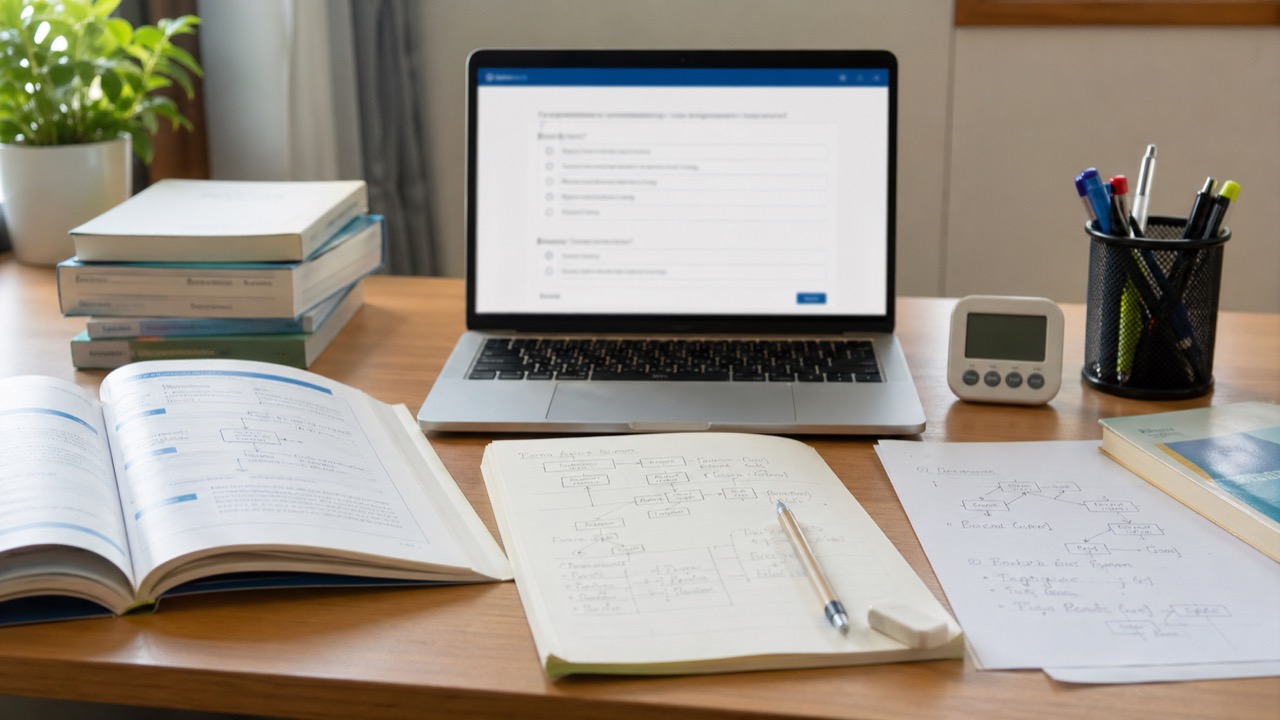 科目B参考書と過去問アプリで演習する学習机