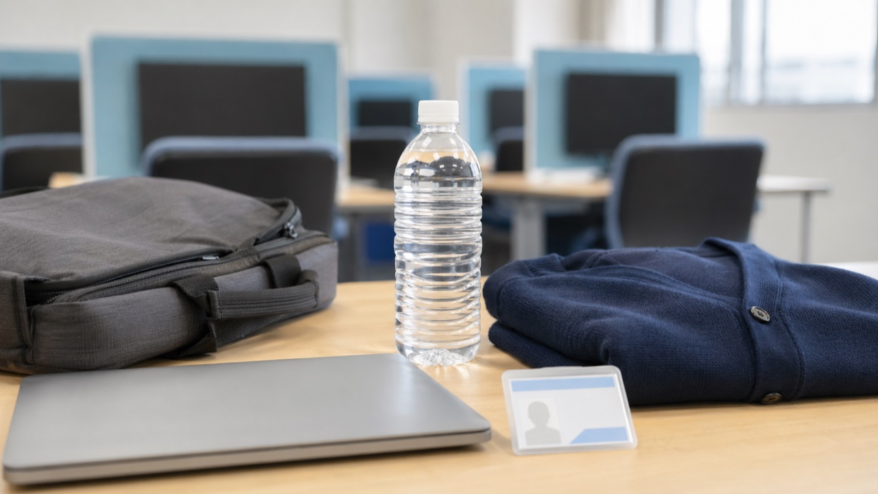 基本情報技術者試験の持ち物と服装を準備した机の写真