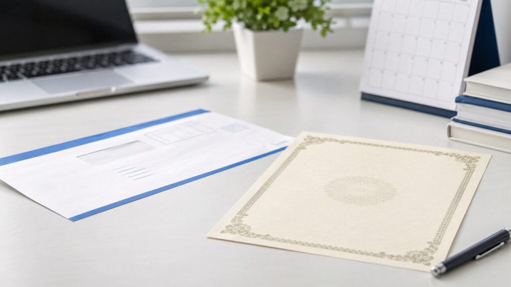 基本情報技術者試験の合格証書と郵送封筒のイメージ