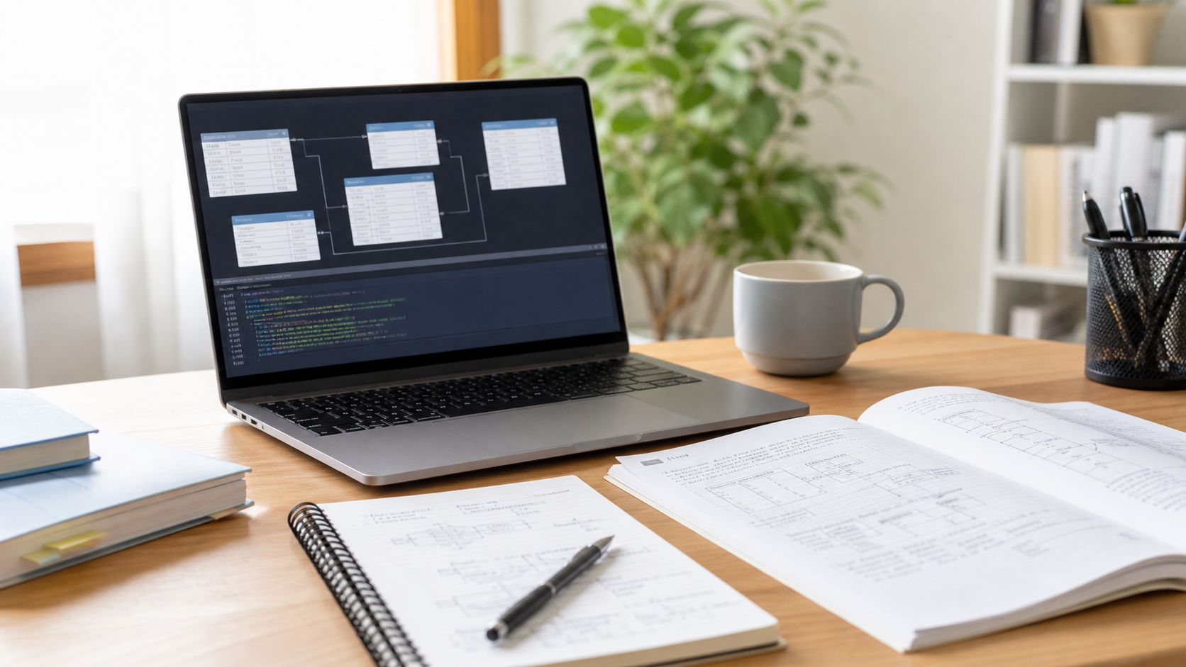 基本情報のSQL問題を学ぶための机とノート
