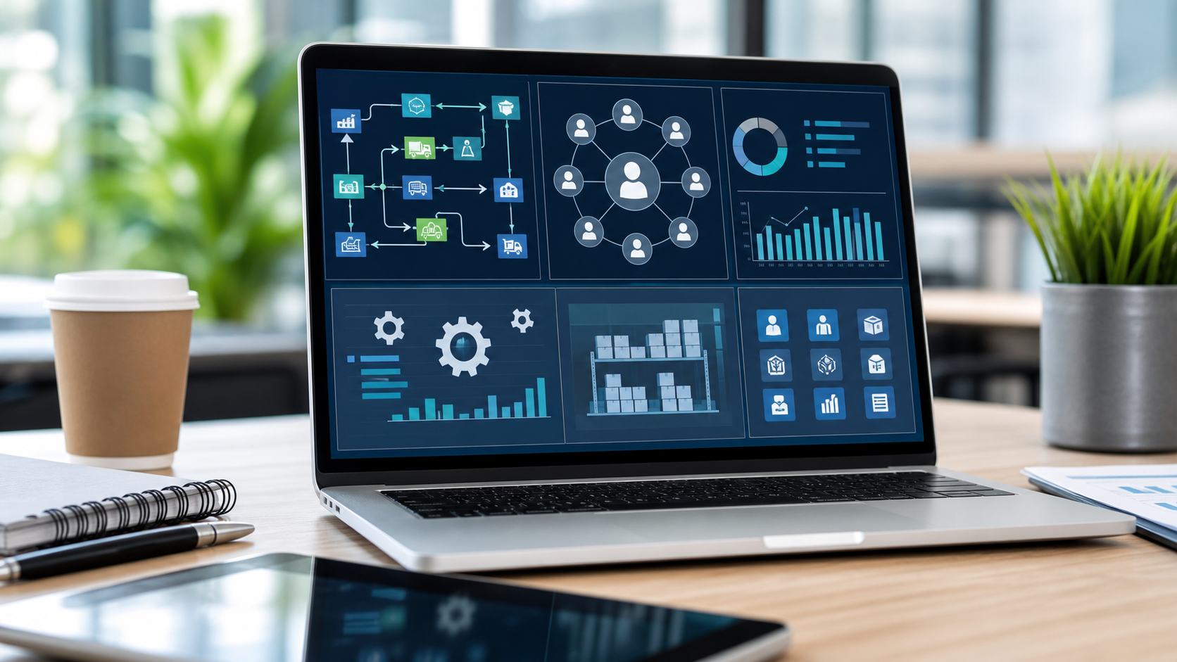 基本情報のERP・CRM・SCMを表す企業システムの抽象イメージ
