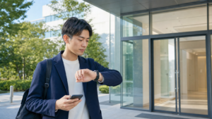 基本情報技術者試験に遅刻しそうな受験者が会場前で時刻を確認している様子