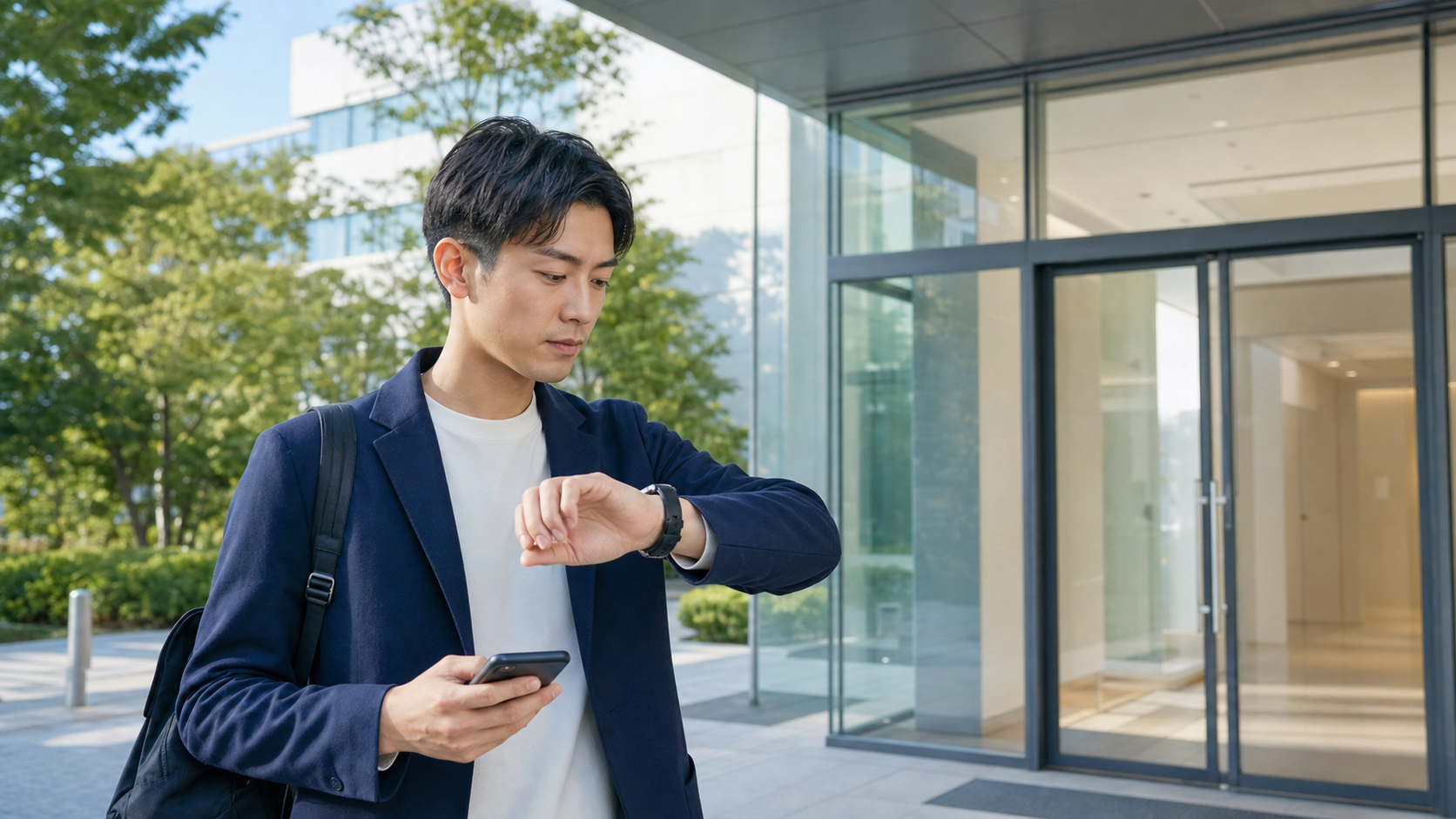 基本情報技術者試験に遅刻しそうな受験者が会場前で時刻を確認している様子