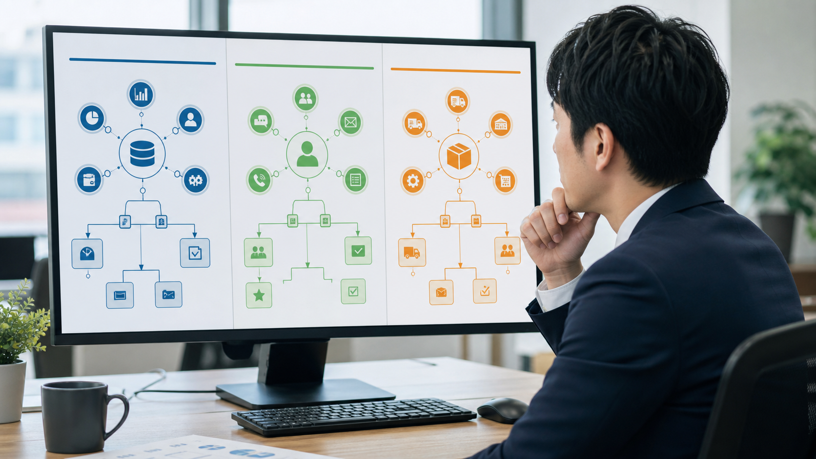 ERP・CRM・SCMの役割を比較する業務フローのイメージ