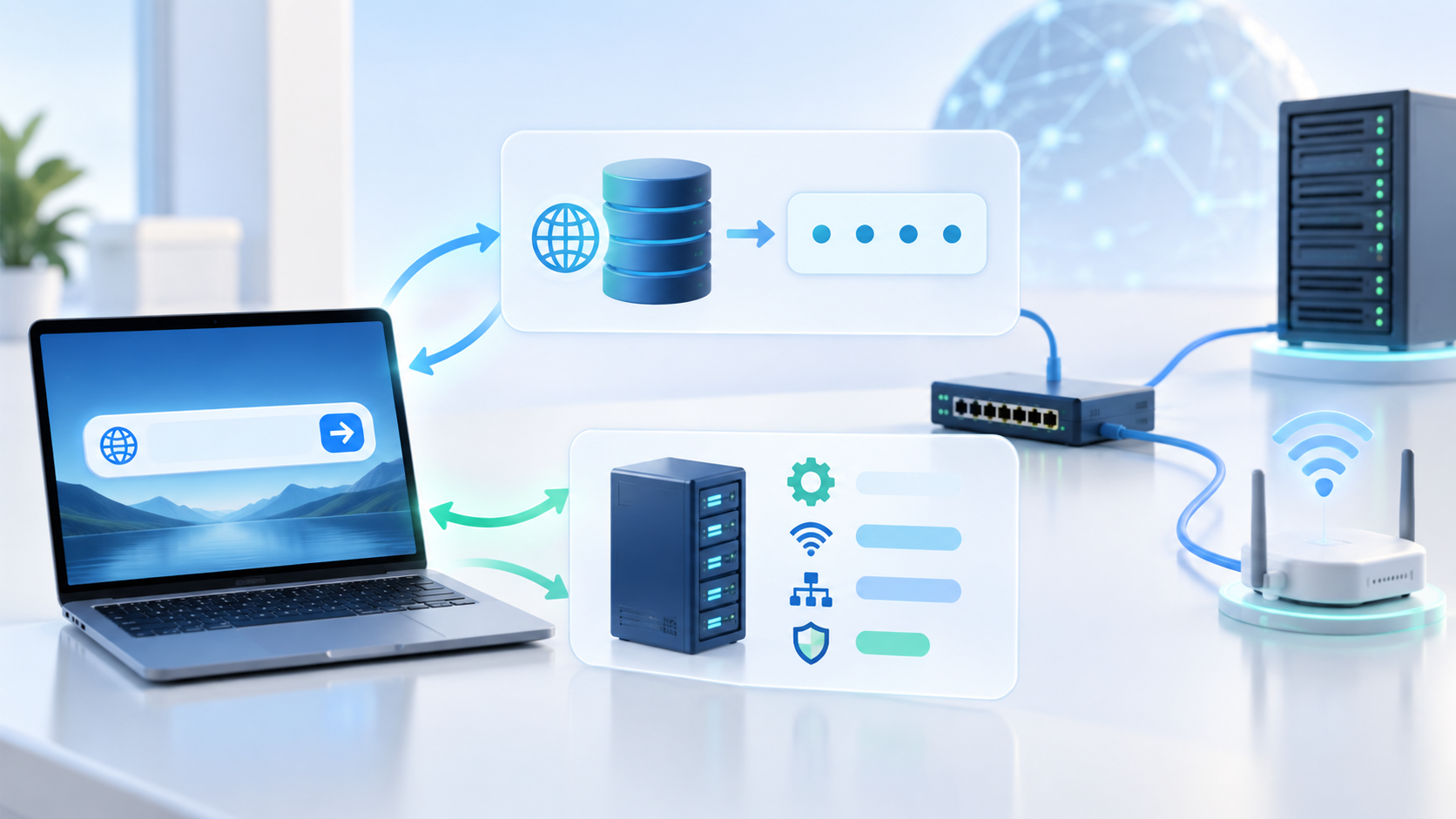 DNSの名前解決とDHCPの自動設定を表す図解