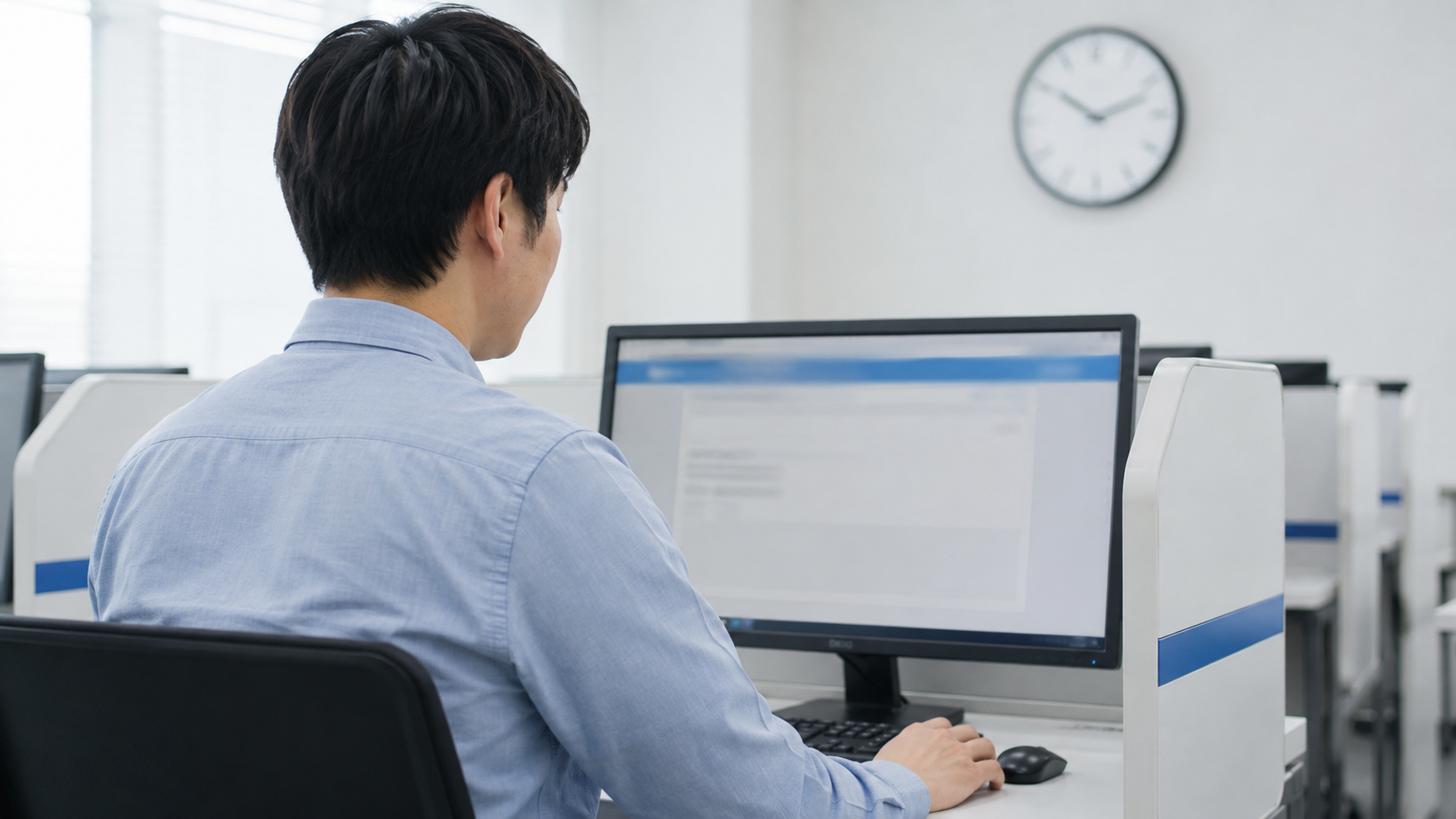 基本情報技術者試験の試験時間を確認しながらCBT試験を受ける受験者