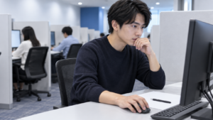 基本情報技術者試験のCBT会場でメモ用紙とペンを使う受験者