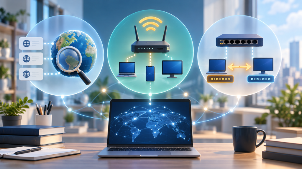 DNS・DHCP・ARPの役割を表すネットワーク学習イメージ