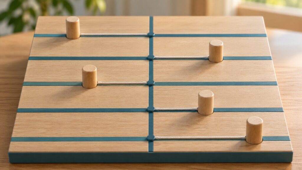 中央の線から異なる距離にある木の駒を使った偏差の概念模型