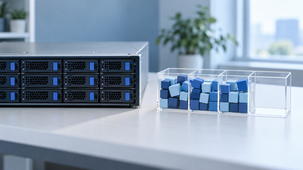 ストレージ装置と蓄積データを示すブロック、残された空き領域