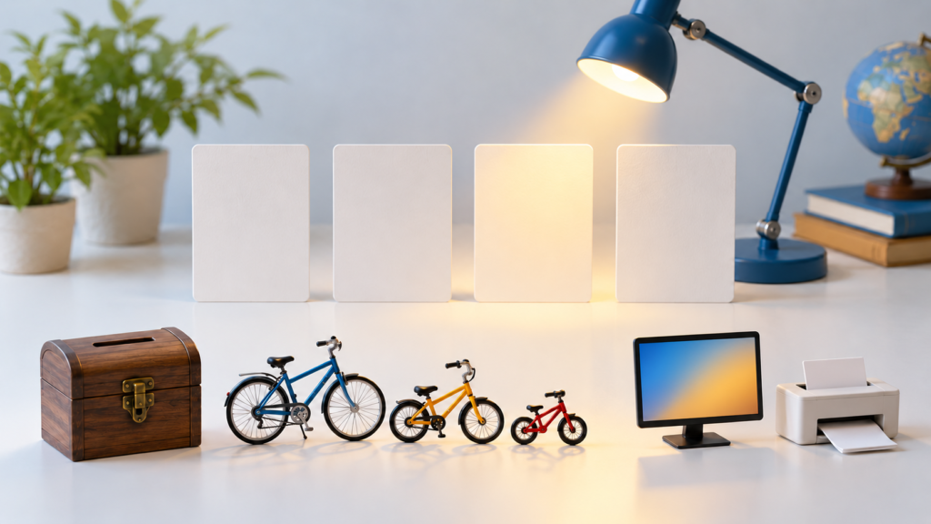 硬貨箱や自転車などの具体例と4枚のカードを照らし合わせる選択肢判定のイメージ