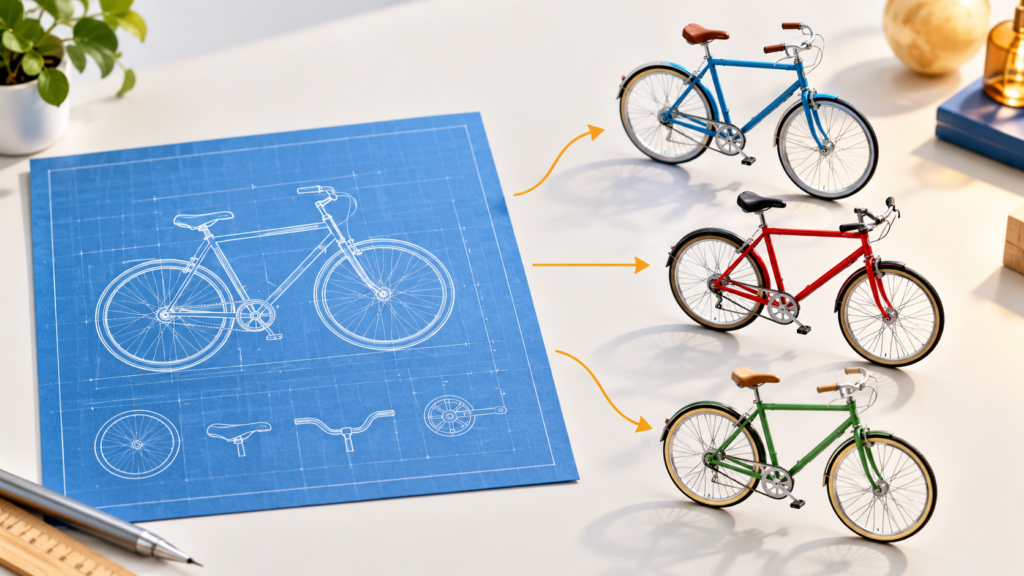 同じ設計図をもとに作られた色の異なる3台の自転車を並べたイメージ