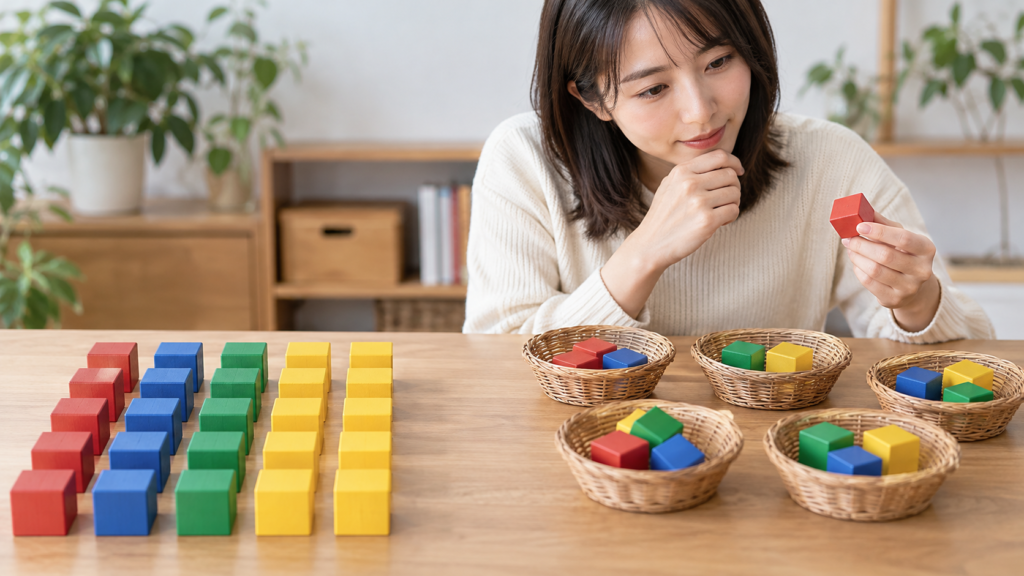 色別に集計した積み木と組合せ別に入れたかごの比較