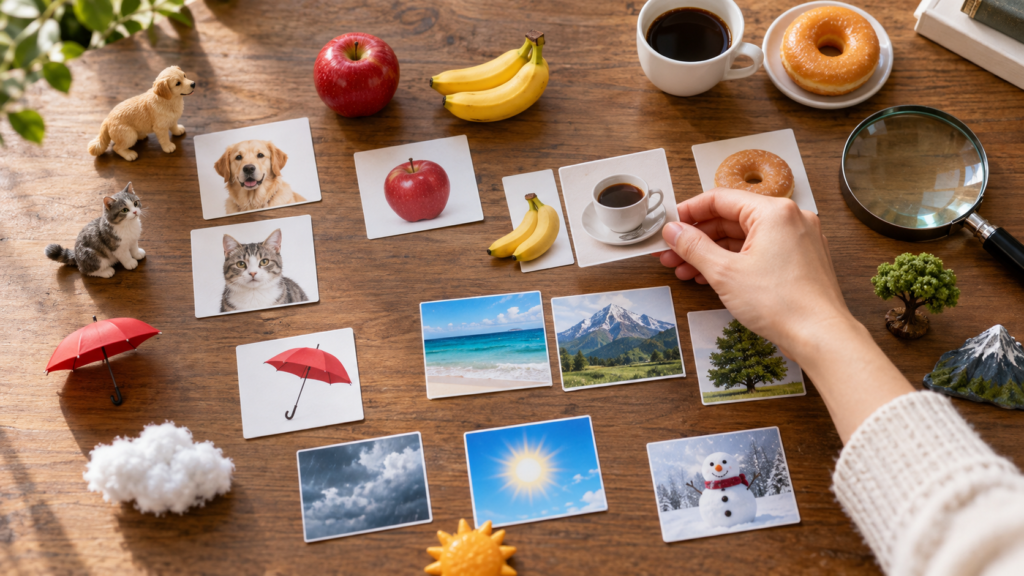 写真カードと小物の対応関係を確かめる手元