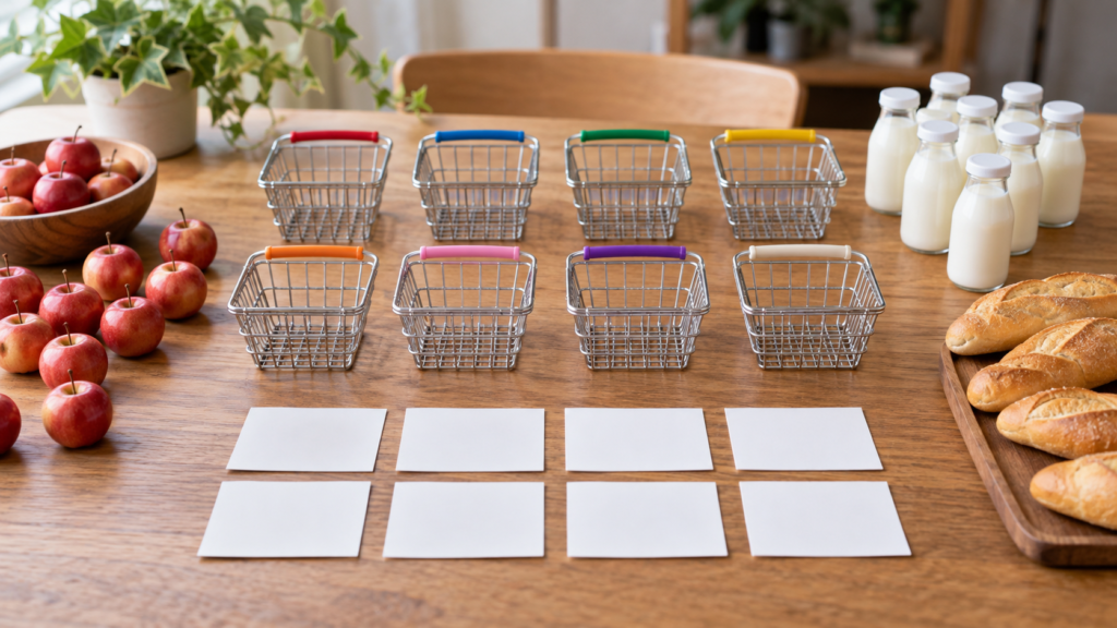 買物かごとカードで取引の数え方を学ぶイメージ
