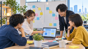 付箋のボードとパソコンを囲んでソフトウェア開発について話し合うチームの生成画像