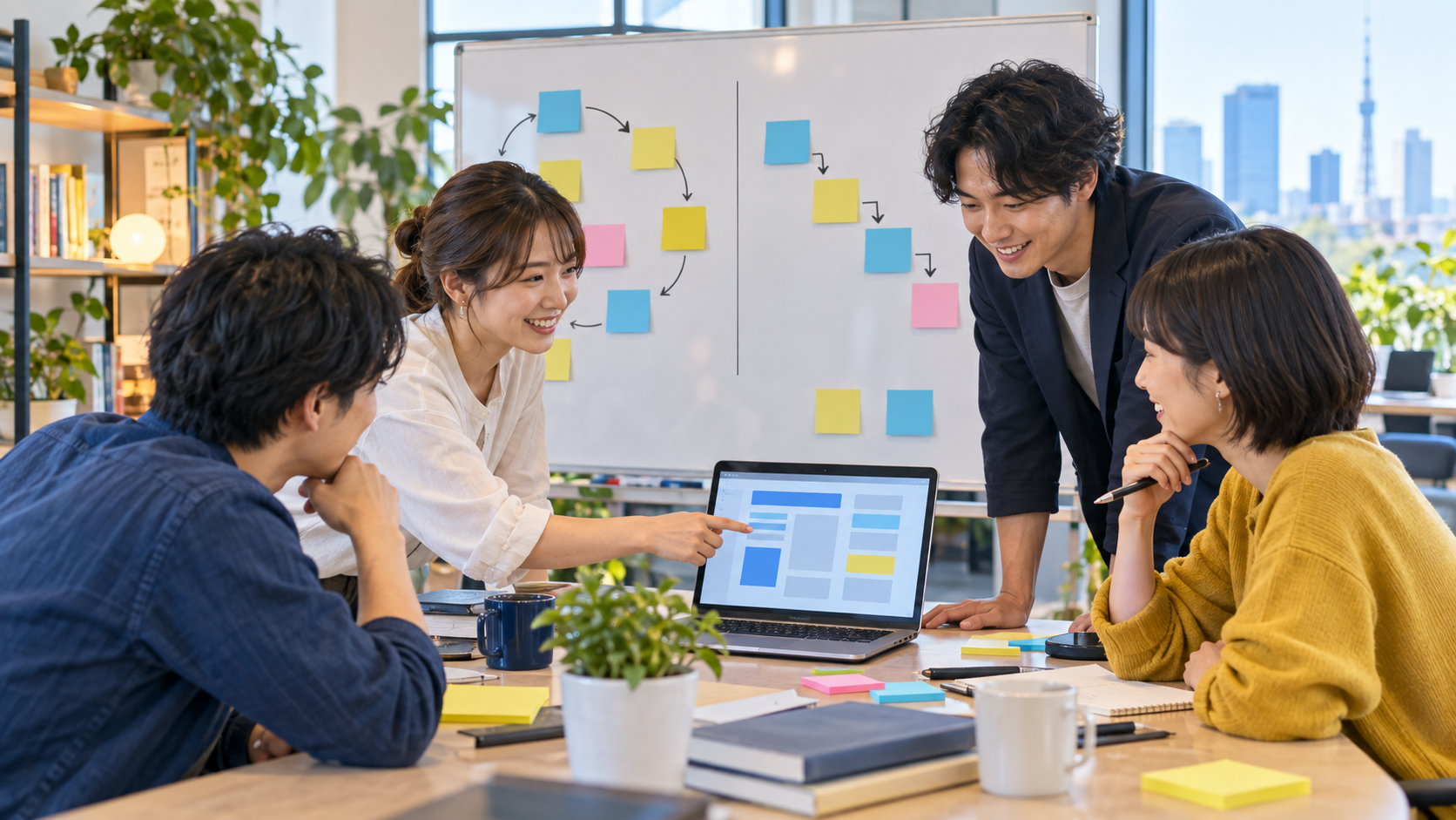 付箋のボードとパソコンを囲んでソフトウェア開発について話し合うチームの生成画像