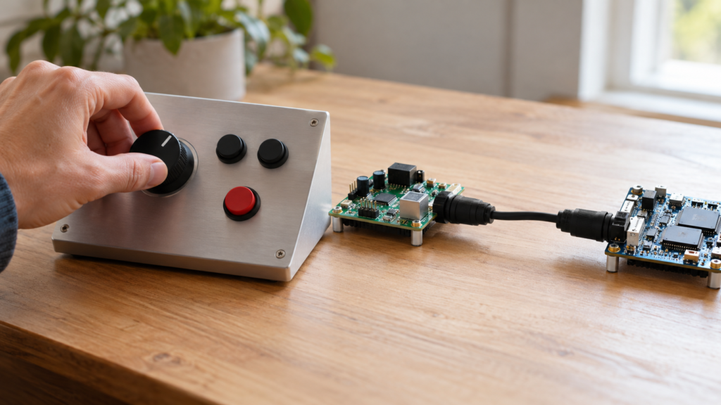 人が操作するパネルと機器同士の接点を対比したイメージ