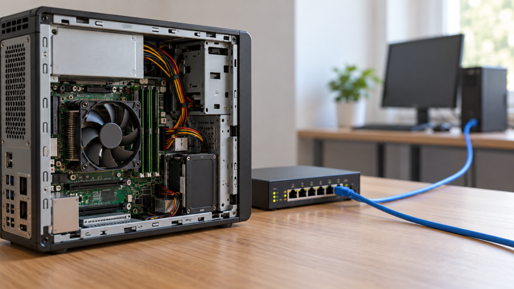 コンピュータ内部の部品と外部へのネットワーク接続を示すイメージ
