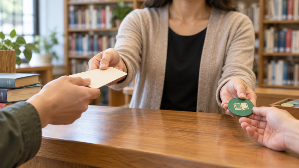図書貸出の要求と応答を受け渡す窓口を表現したイメージ