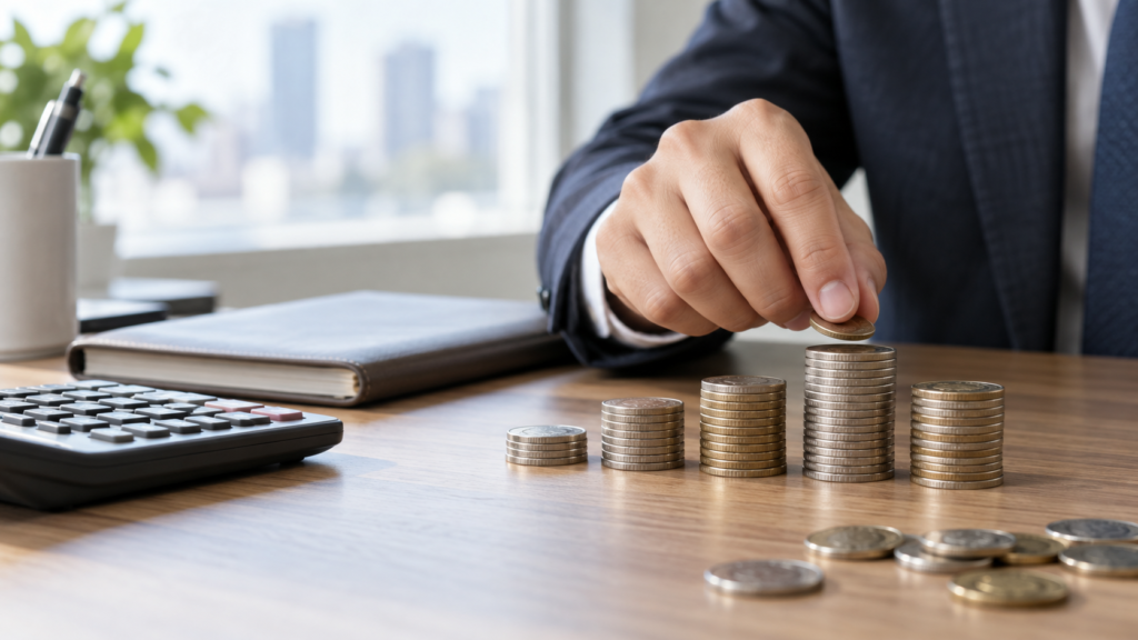 硬貨を数える手元と電卓で財務成果を表すイメージ