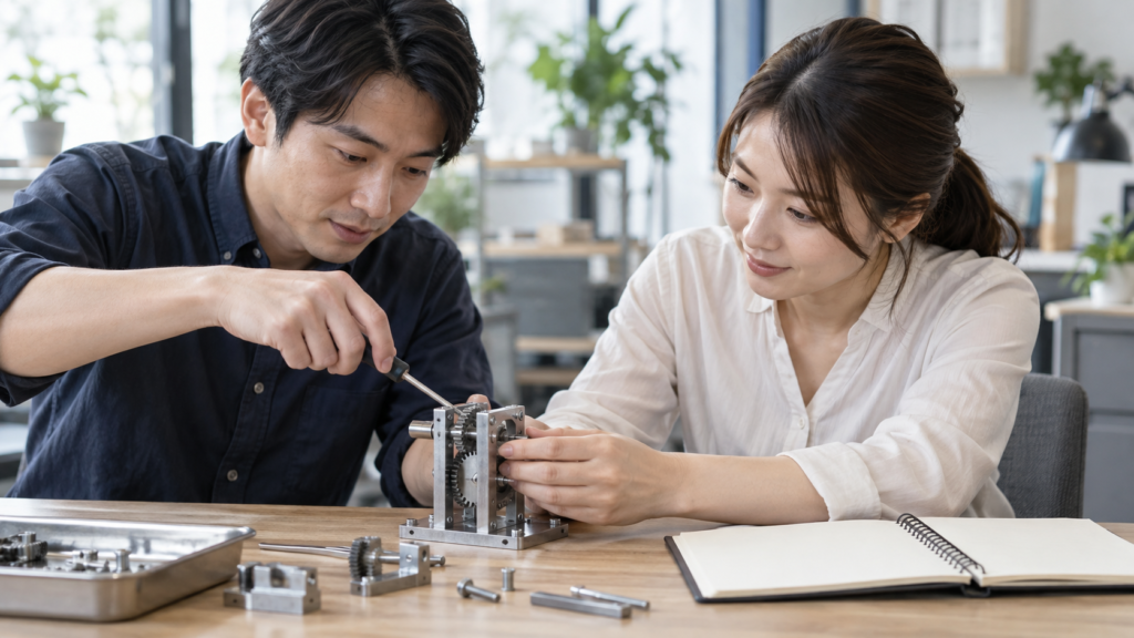 小型の機械を使って技能を学ぶ二人の実習風景