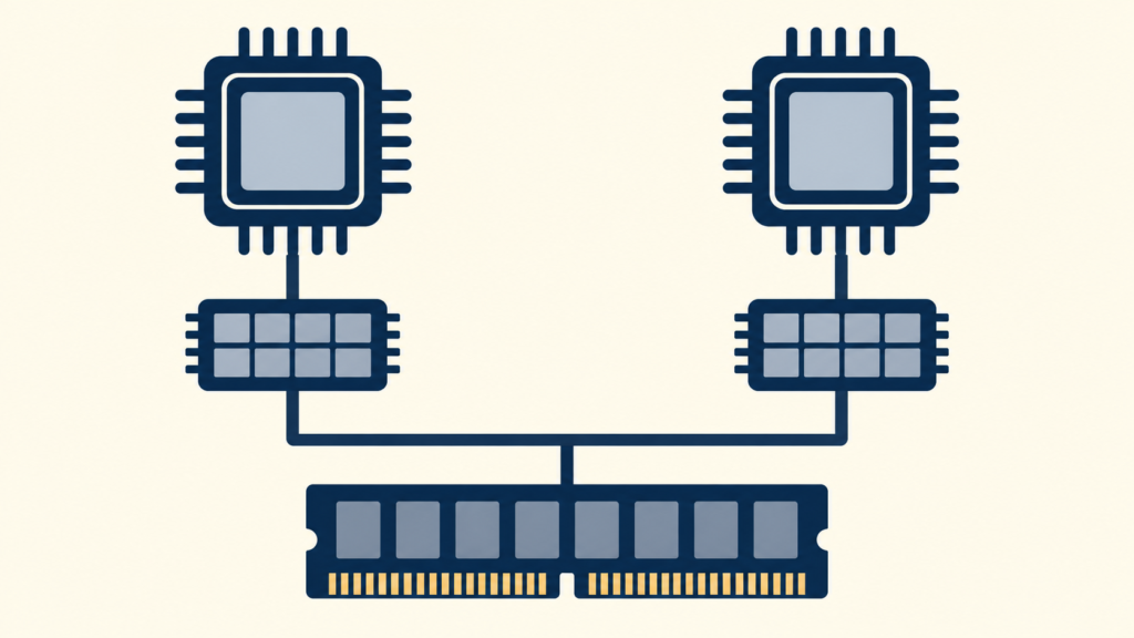 二つのCPUが別々のキャッシュと共有メモリにつながるイメージ
