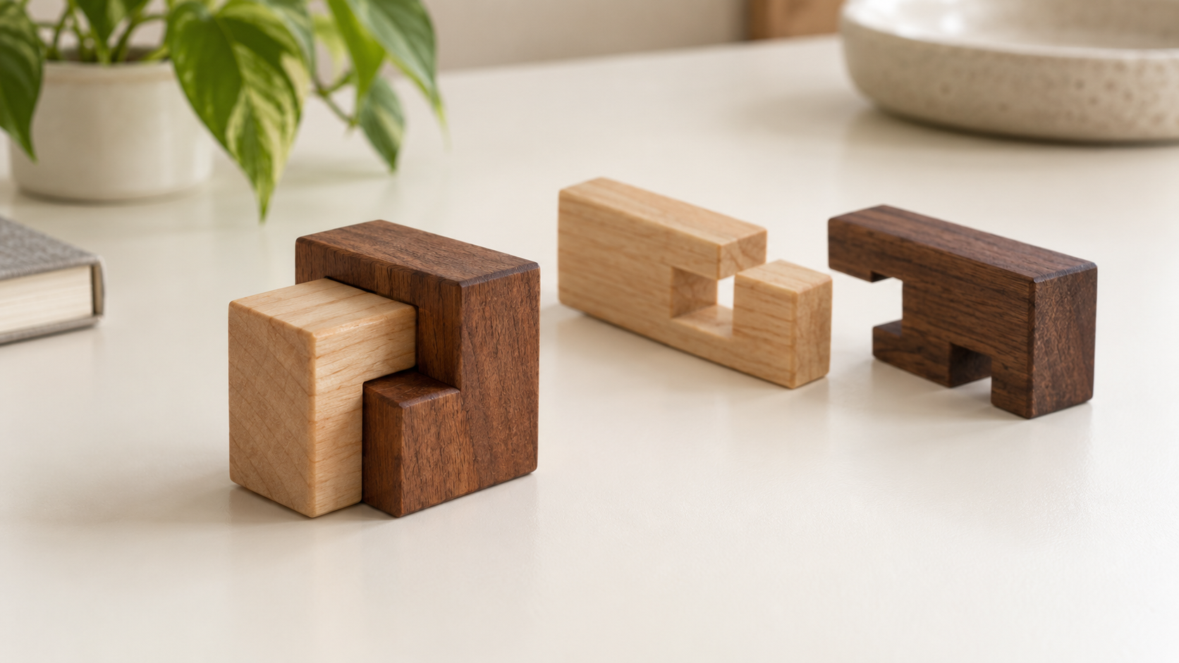 二つの部品をつなげた木製パズルと、分離した二つの部品
