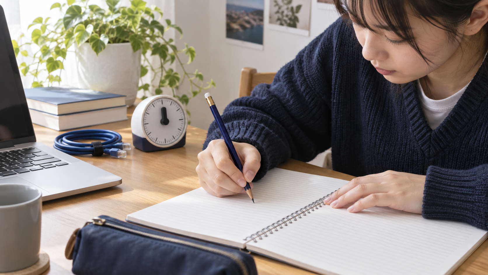 ノートに鉛筆で書きながらデータ転送時間の計算を学ぶ様子