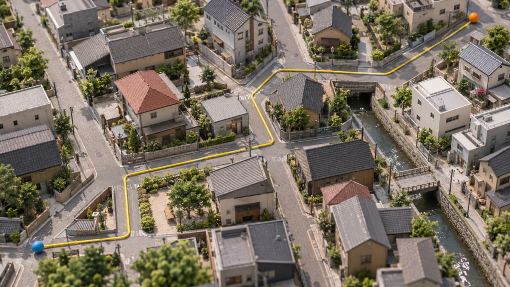 複数の道路の経路を色のひもで示した街の模型の概念イメージ