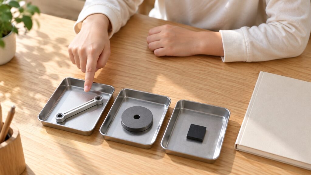 三つの部品模型を順に確認する学習場面のイメージ
