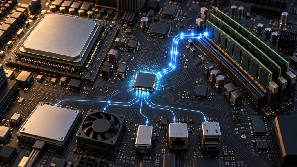 CPUと別の制御チップからメモリへつながる電子回路のイメージ
