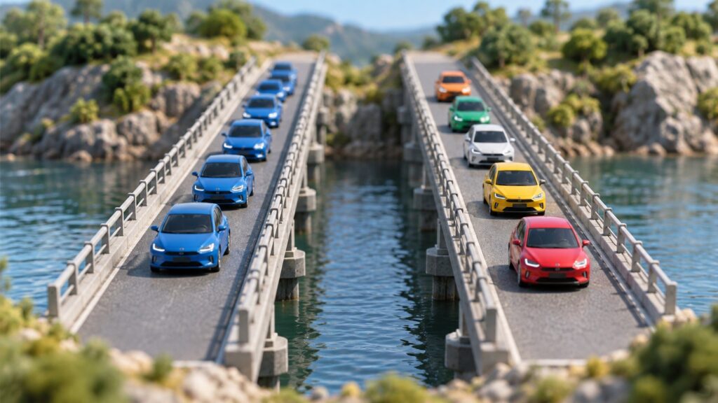一団で通過する車列と短い単位で通過する車列の模型