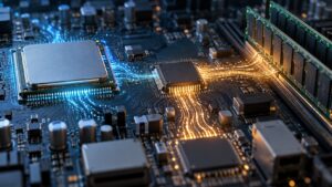CPUとは別の制御チップを経由してデータがメモリへ流れるイメージ