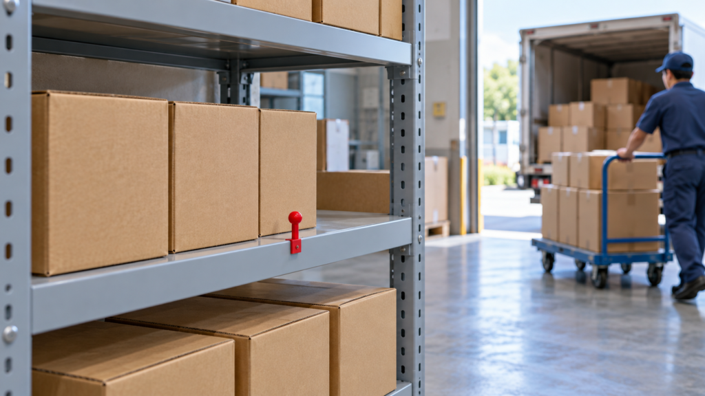 棚の残り在庫と入荷する荷物で発注点と調達期間を表すイメージ