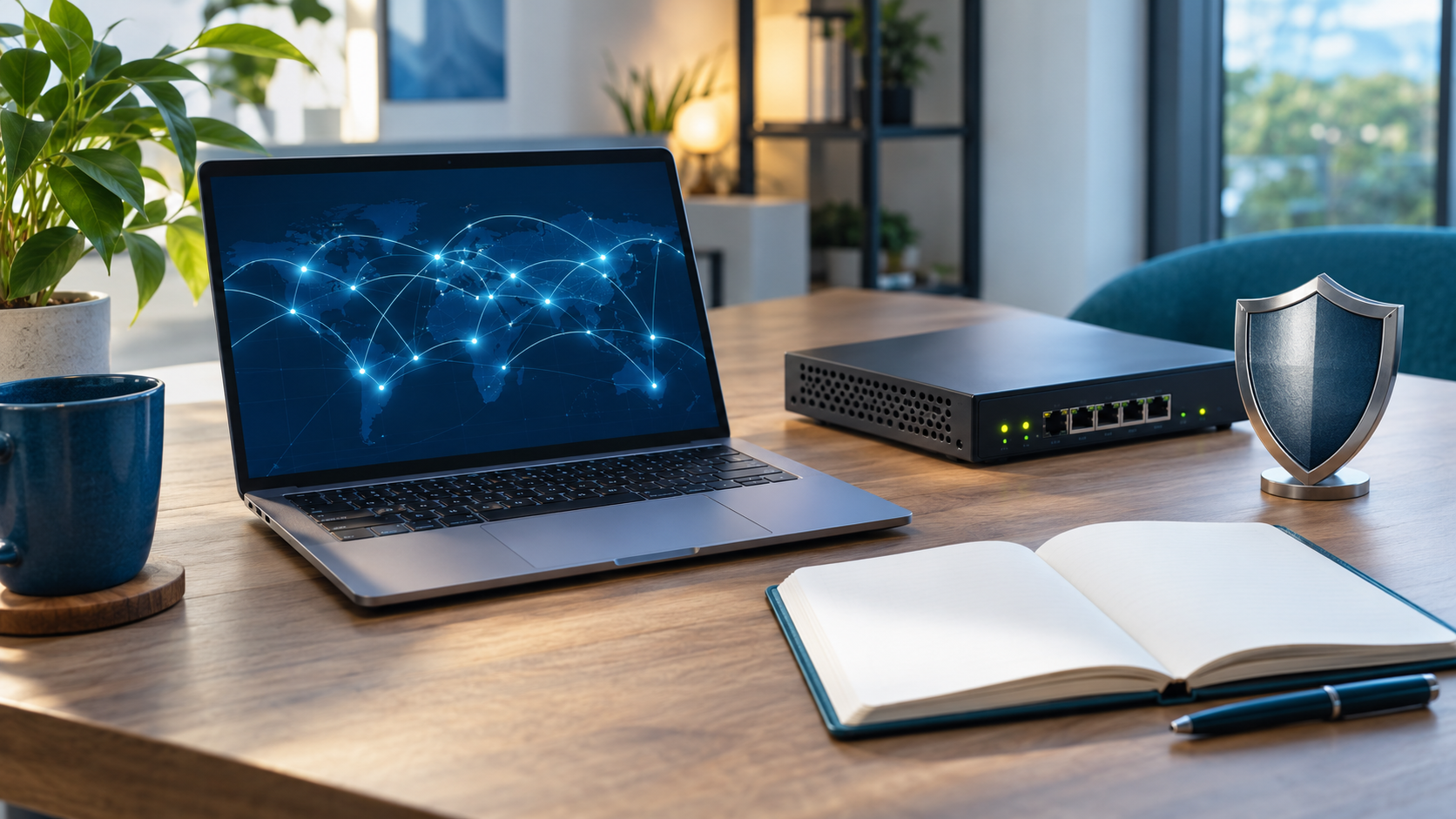 ノートPC・ネットワーク機器・盾を並べたセキュリティ学習のイメージ
