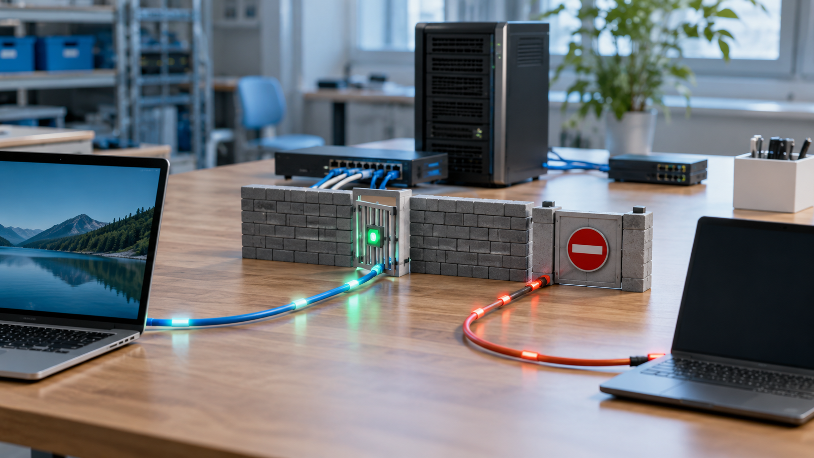 ネットワーク機器と開いた通路・閉じた通路で通信の許可と拒否を表した模型