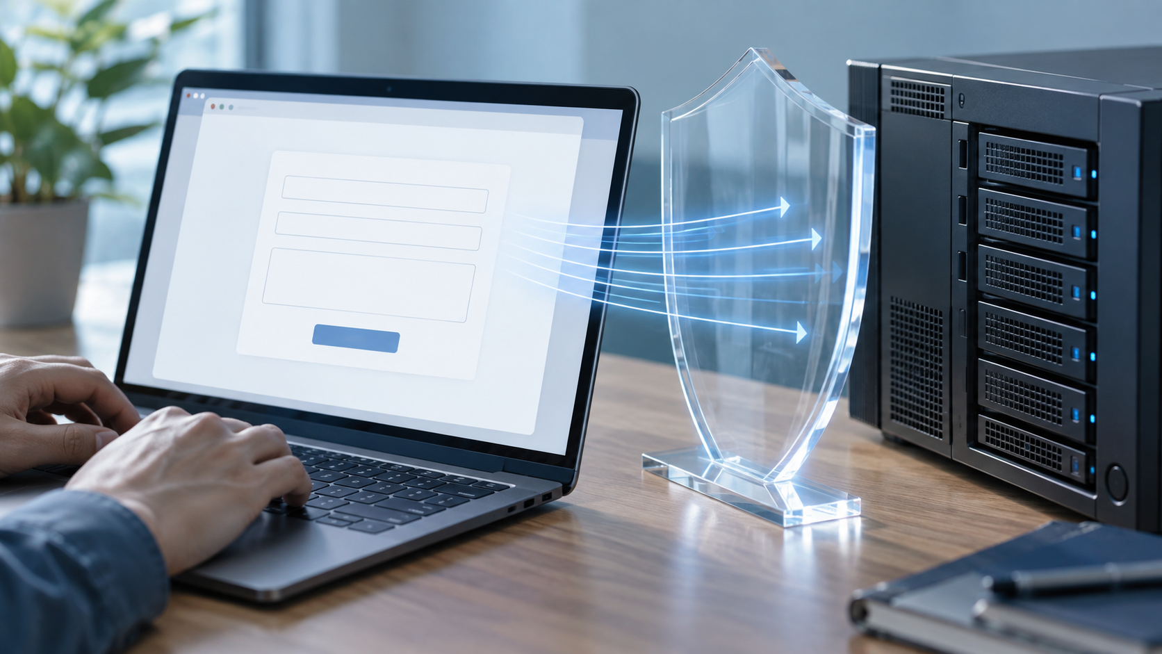 Webフォームを表示するノートPCとサーバーの間に透明な盾を置いたイメージ