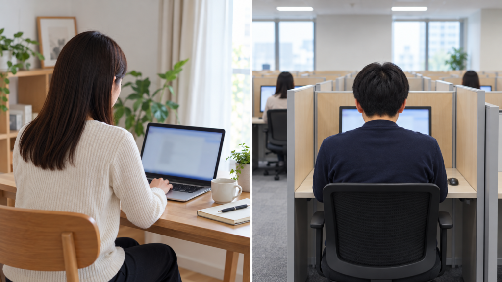 自宅の机と個別に仕切られた試験会場を並べた受験環境のイメージ