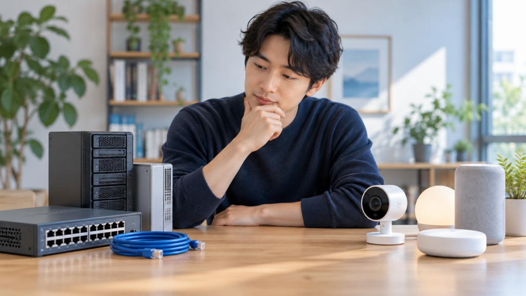 ネットワーク機器とスマート機器を見比べる人のイメージ
