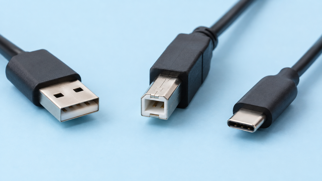 USBのType-A、Type-B、Type-Cコネクタを比較するイメージ