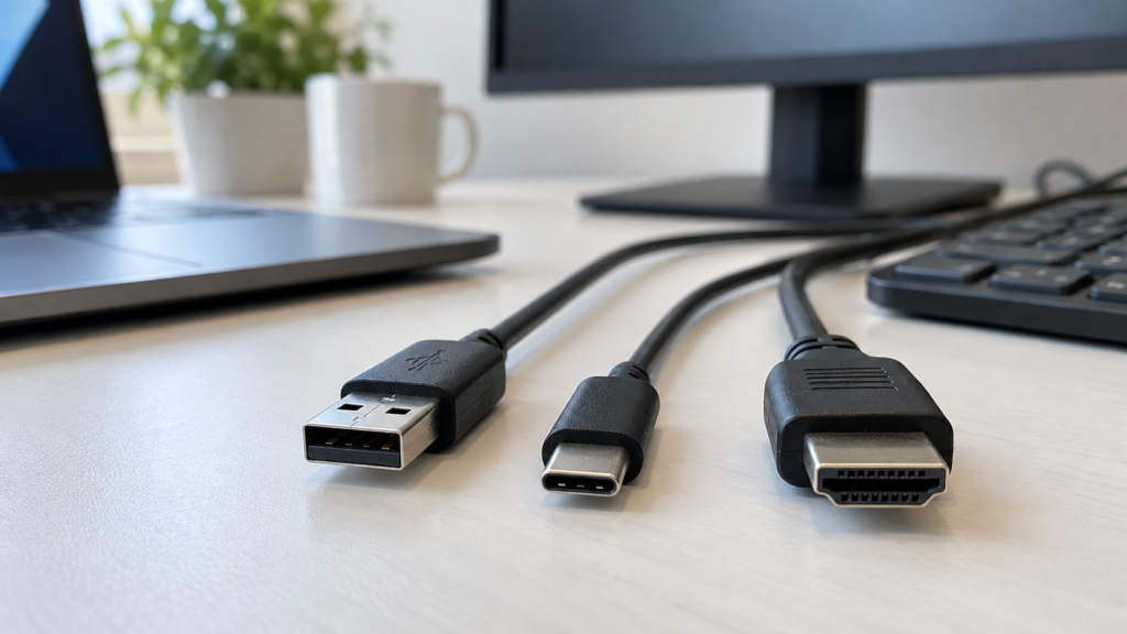 USBやHDMIの接続ケーブルと周辺機器を並べたイメージ