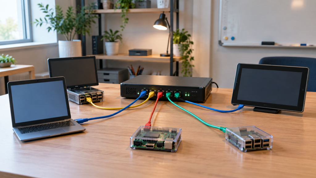 ルーターから複数の端末へケーブルを接続した研修用ネットワークのイメージ