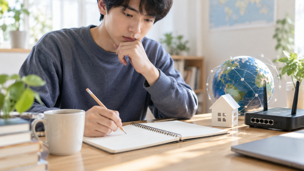 ノートとネットワーク機器の模型で理解を確かめる学習机のイメージ