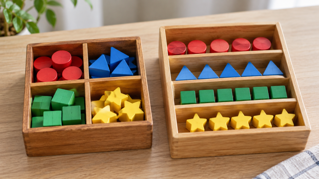 項目ごとの収納と入れ子の区画を比較した学習イメージ