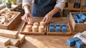 木製品と青い小型製品の生産量を作業台で検討する手元